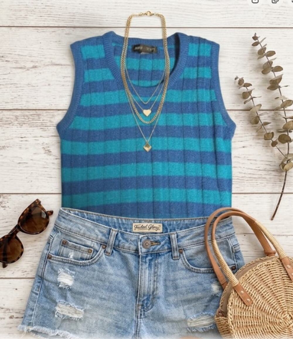 Jamie Scott knit Large Blue Teal striped Sleeveless Sweater top preppy 90s Mod